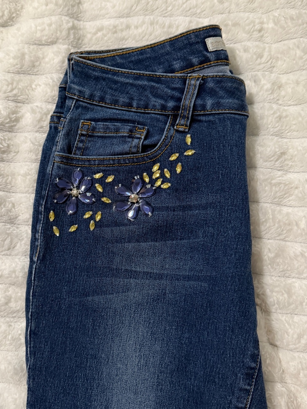 Boston Proper | Women’s Dark Blue Skinny Jeans with Rhinestone Embellishments